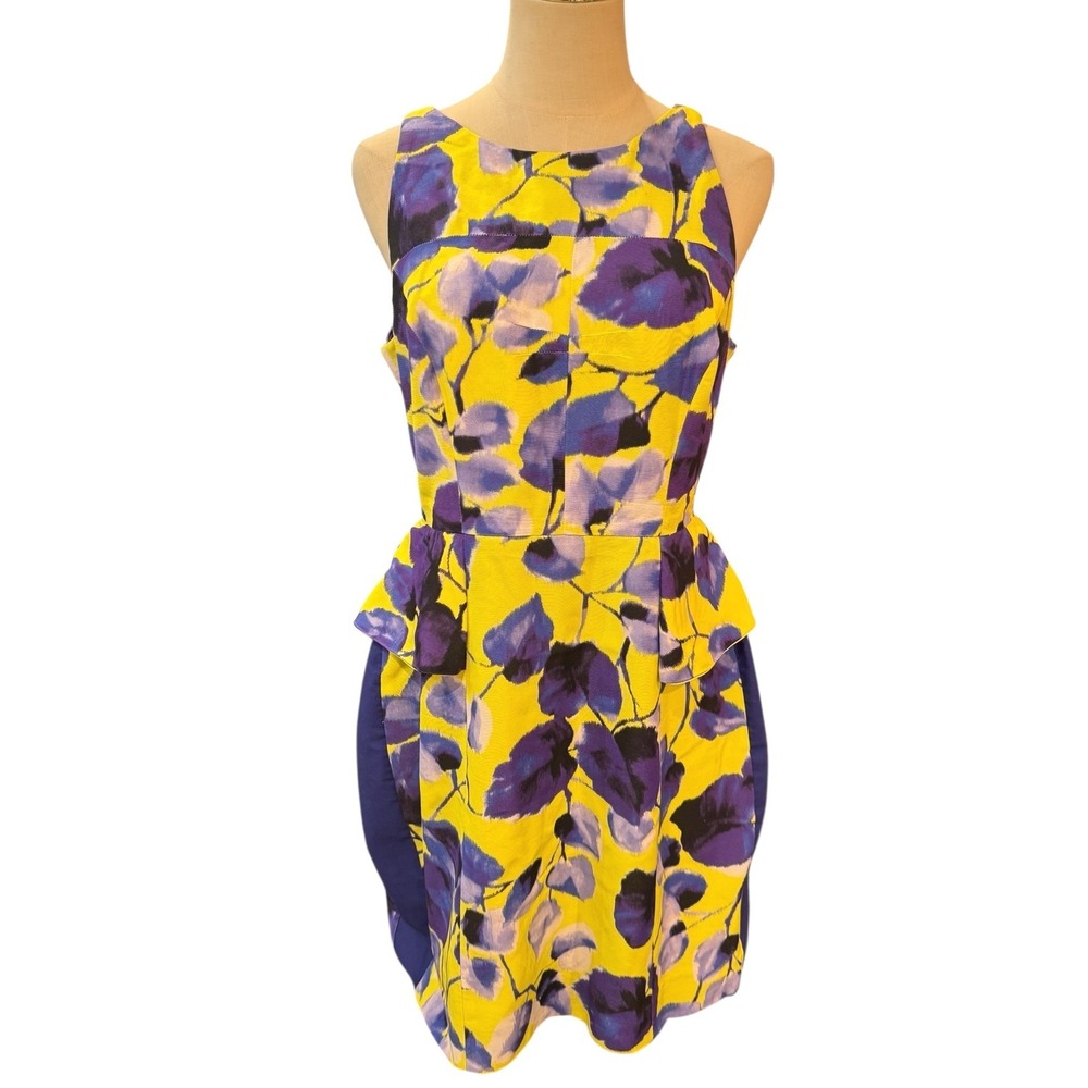 Milly Of New York Yellow Purple Floral Peplum Sheath Dress Size 10 Made In USA